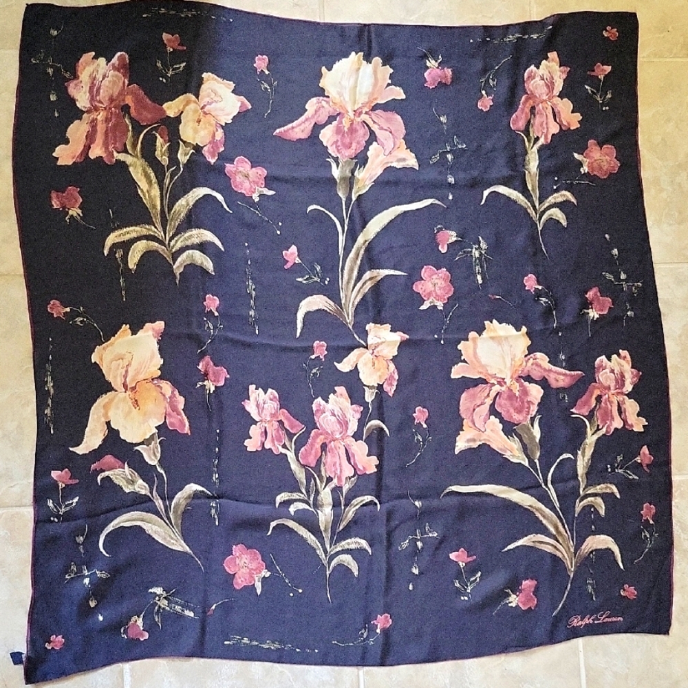 Ralph Lauren Women's Silk Scarf | Navy Iris Floral Print, Signature Border